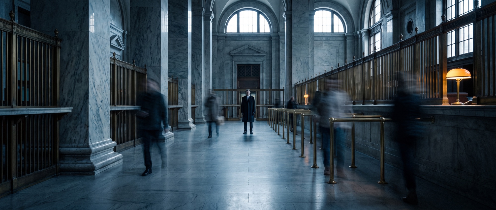 A banking hall with motion streaming past one still figure, Frame photographic style