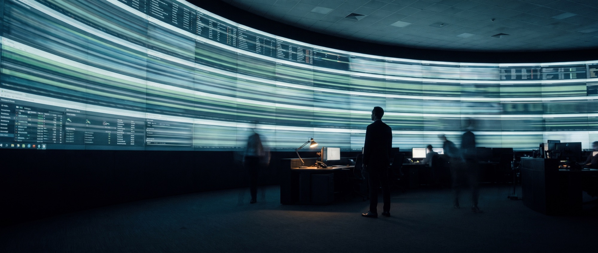 A payments operations floor in motion around one still figure, Frame photographic style