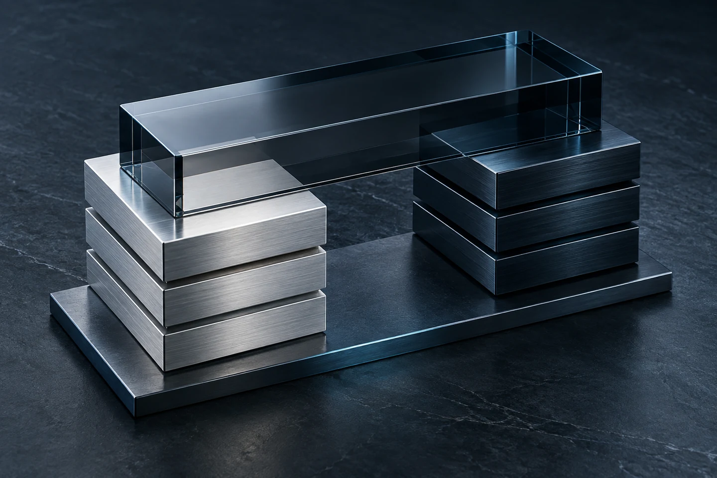 Silver and navy metal stacks aligned beneath one smoked-glass frame