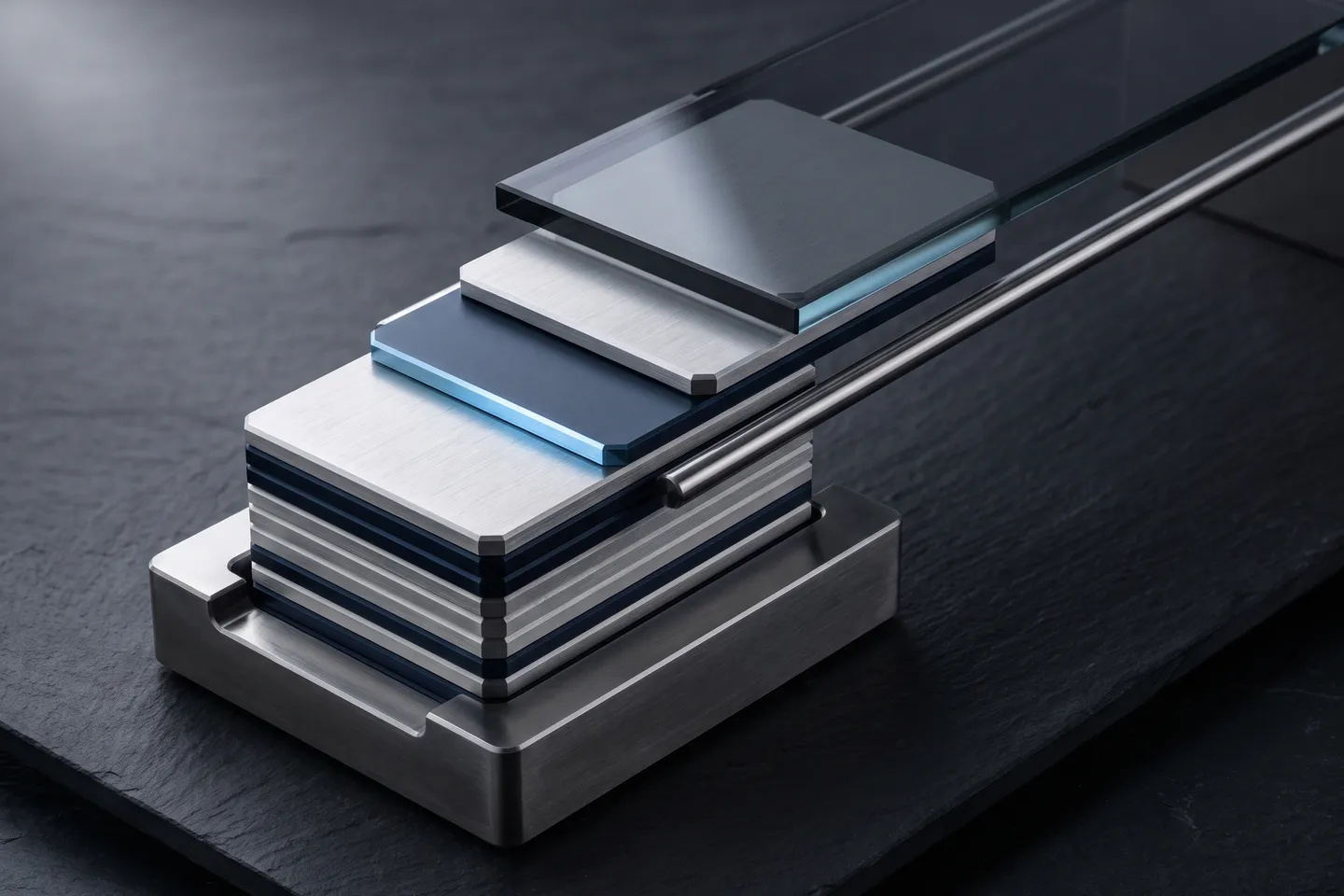 Machined metal plates slide free of a stacked cradle along a steel rail under glass