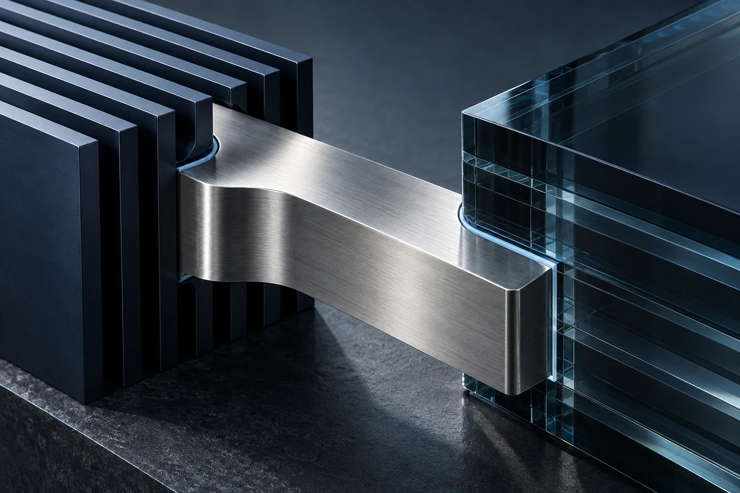 A brushed steel bridge connects dark metal ribs with layered optical glass
