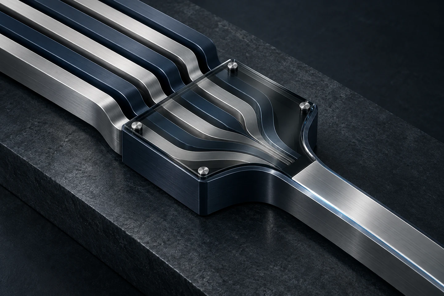Parallel metal channels converge beneath smoked glass into one polished channel