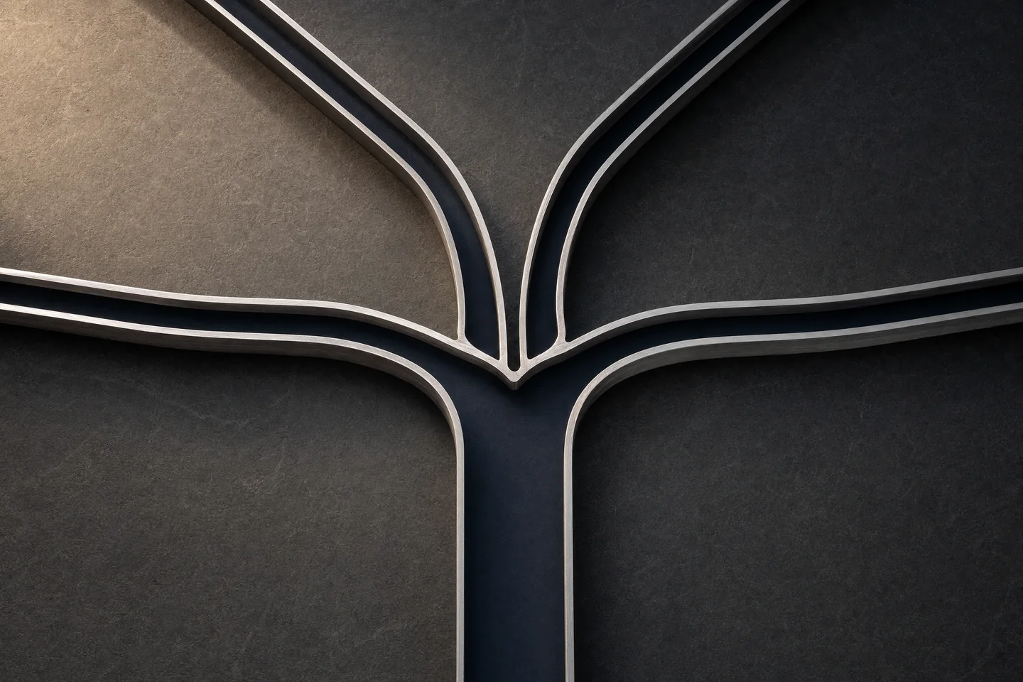 Brushed metal channels converge into one central channel